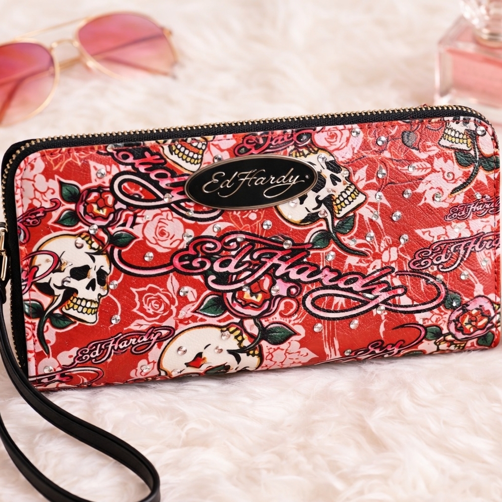 Ed Hardy Red Skull Rose Zip Around Wallet